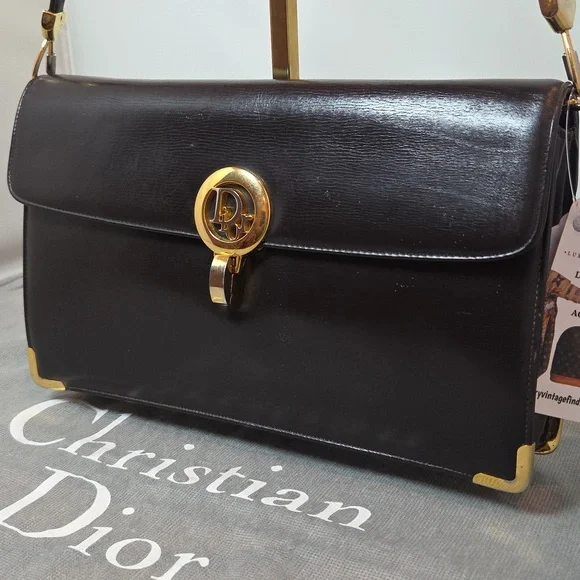 DIOR Rare 1970s Collectable Brown leather 2-way shoulder/clutch bag excellent - Picture 8 of 17